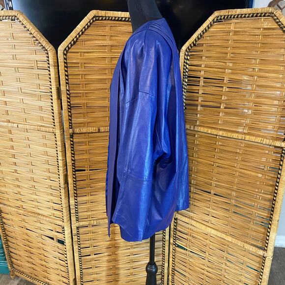 Vintage Ruth Wagner Genuine Leather Jacket Blue Kimono Dolman Sleeve M/L USA - Picture 10 of 11
